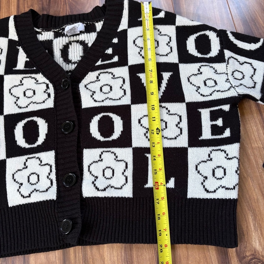Just Polly NY Checkerboard Cardigan LOVE‎ Floral Graphic Knit M - Picture 6 of 7